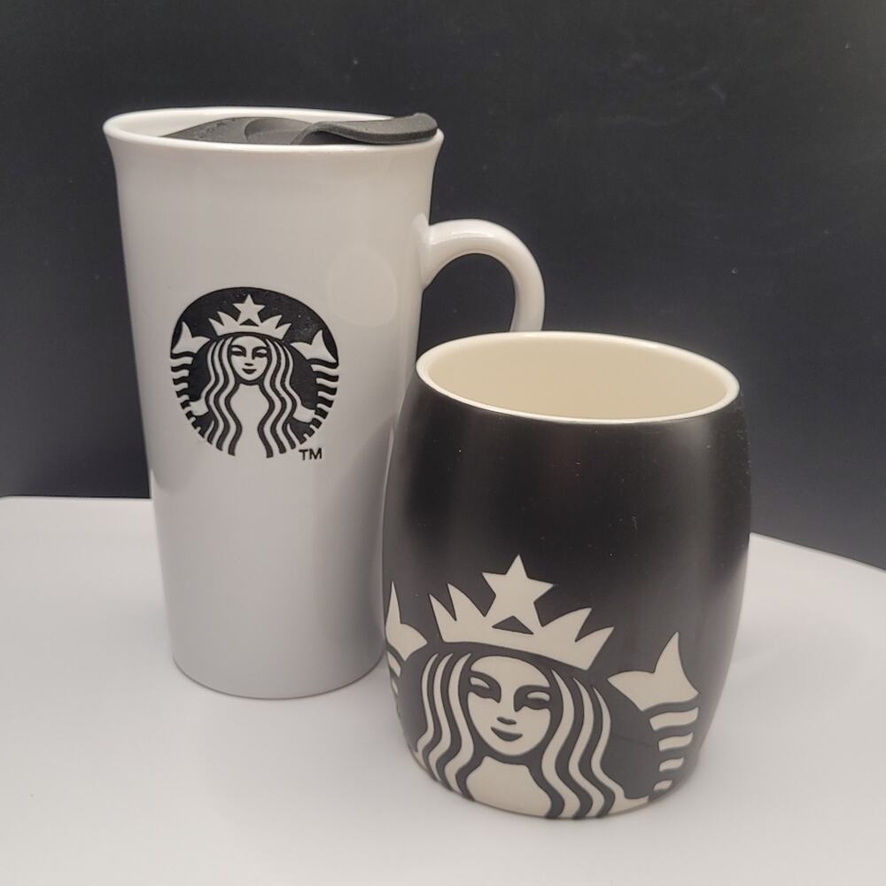 Starbucks 2013 Minimalist Black Siren Logo White Ceramic Travel Mug with Lid